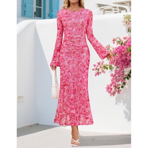 Zesica Women's Floral Rose Ruched Mesh Long Sleeve Floral Bodycon Dress - Picture 2 of 6